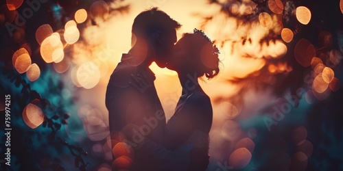 a photo of a romantic kiss. Couple kissing at sunset silhouette