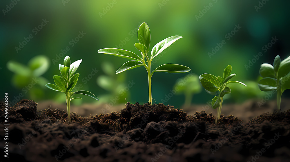 Seedlings sprouting in fertile soil at sunrise Seedlings sprouting in fertile soil at sunrise