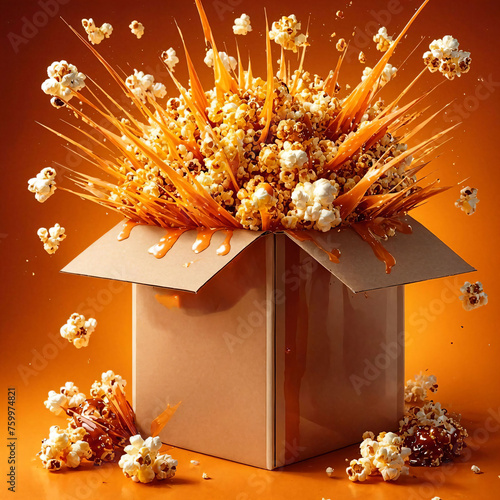 Popcorn party in a box! Caramel popcorn explodes with deliciousness, overflowing its container on a vibrant orange background. #snacktime #caramelcornlover