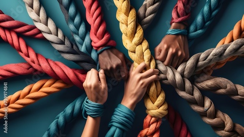 Team rope symbolizes strength, unity, and cooperation among diverse individuals working together to support and communicate effectively. Unity and teamwork concept. Corporate symbol  photo