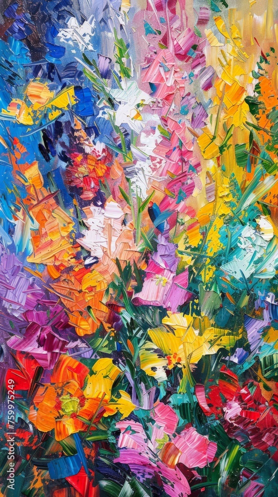 A vibrant painting depicting various colorful flowers arranged in a vase, showcasing a blend of different hues and shapes.
