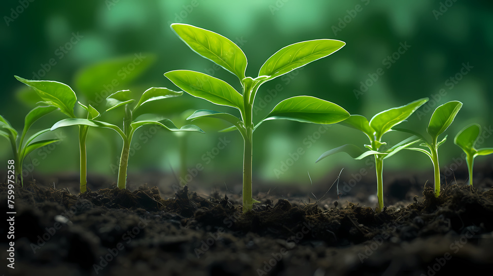 Seedlings sprouting in fertile soil at sunrise Seedlings sprouting in fertile soil at sunrise