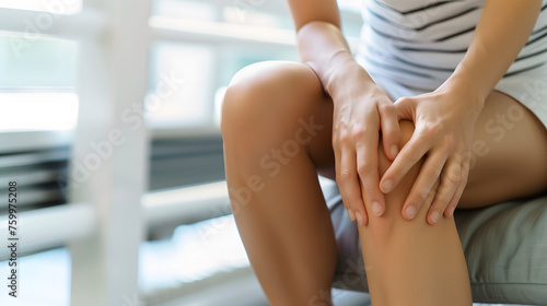 Knee joint pain of woman. Concept of osteoarthritis, rheumatoid arthritis or ligament injury