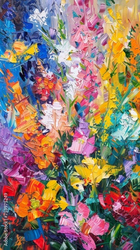 A vibrant painting depicting various colorful flowers arranged in a vase  showcasing a blend of different hues and shapes.