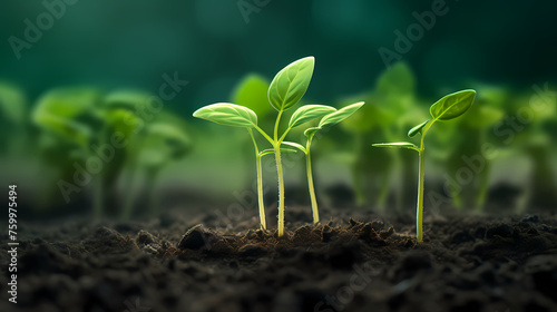 Seedlings sprouting in fertile soil at sunrise