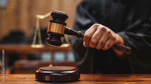 Judges hand holding a gavel above a sounding block ready to deliver a judgment 