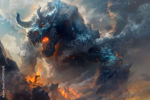 A huge monster with blue scales and horns, breathing fire from its mouth standing on the top of rocks in clouds, surrounded by smoke in a fantasy video game art style photo