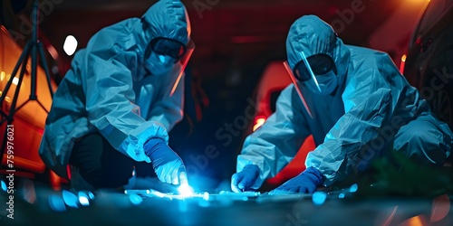 Forensic experts collect evidence at crime scene for homicide investigation analysis. Concept Crime Scene Investigation, Evidence Collection, Homicide Analysis photo