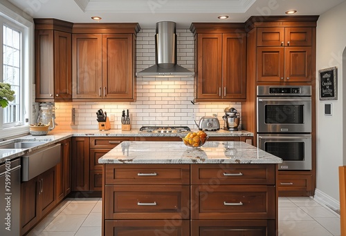 Stylish kitchen with a white marble island, brown wooden cabinets and stainless steel appliances