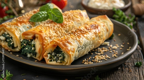 Turkish borek rolls with spinach and cheese. 