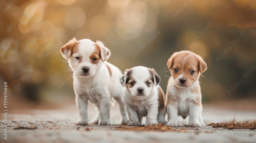 team of three little puppies looking at camera outdoor