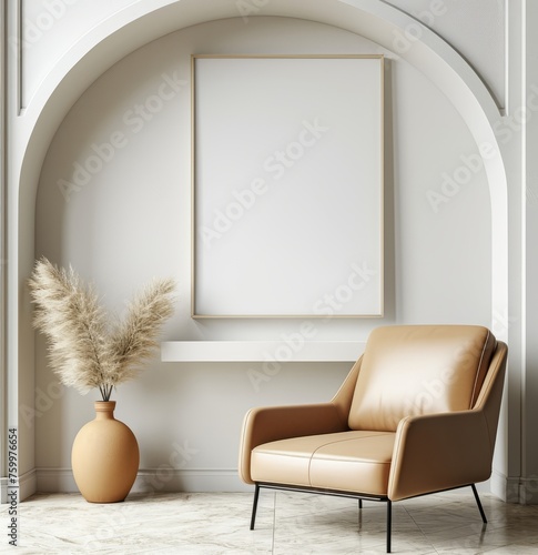 The white wall arched shelf holding a small vase and a large blank white canvas on the wall.  photo