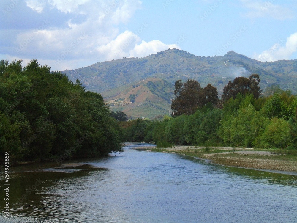 Il fiume Alcantara tra gli alberi, placido, prima di sfociare a mare. Il fiume Alcantara tra gli alberi, placido, prima di sfociare a mare.