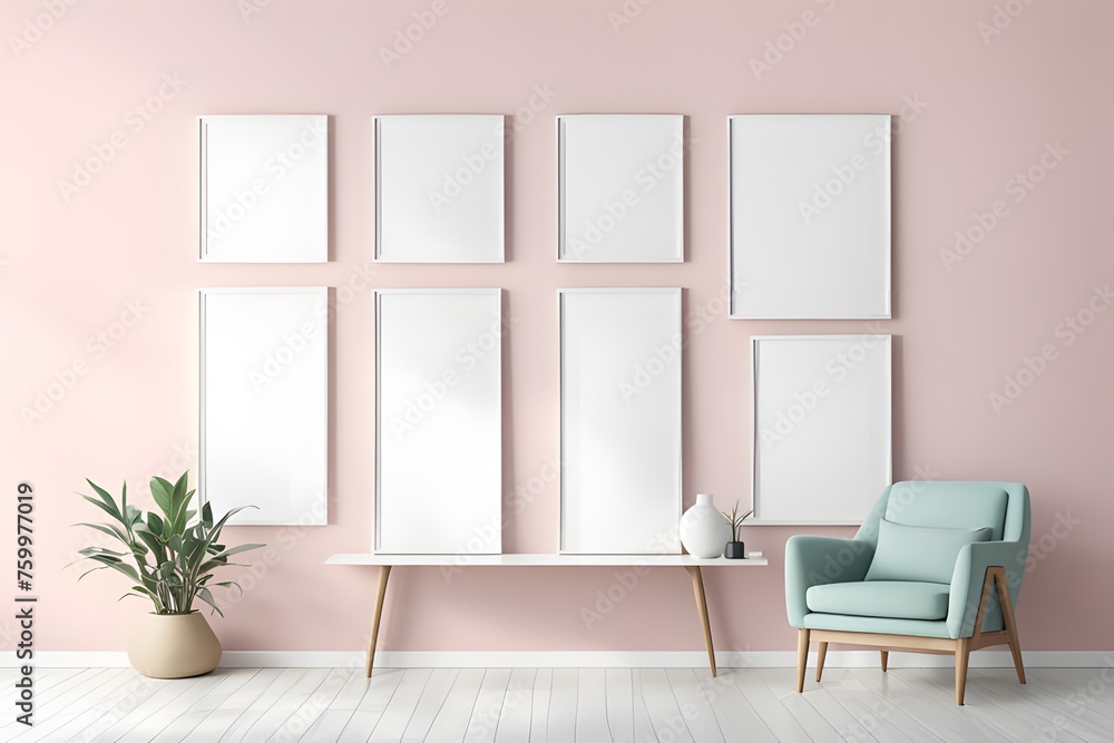 Fototapeta premium A living room in pastel colors with a white couch and a potted plant