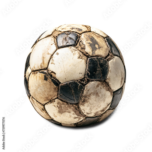 Dirty, old, soccer ball on a white and transparent background. PNG.
