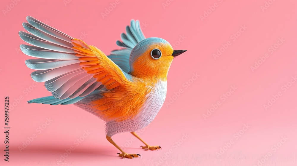 Fototapeta premium A vibrant orange and blue bird spreading wings on a pink backdrop.