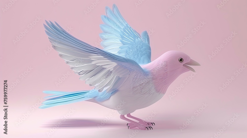 Fototapeta premium A soft pastel pink bird with detailed feathers, ready to take off.