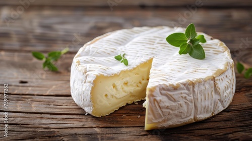 Soft French Camembert cheese on wood background .  photo