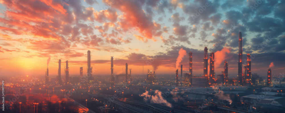 A breathtaking sunset paints the sky behind the silhouette of an industrial skyline, marked by smokestacks and the glow of city lights