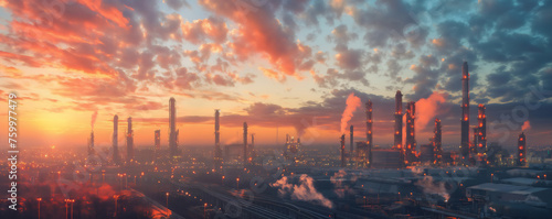 A breathtaking sunset paints the sky behind the silhouette of an industrial skyline, marked by smokestacks and the glow of city lights