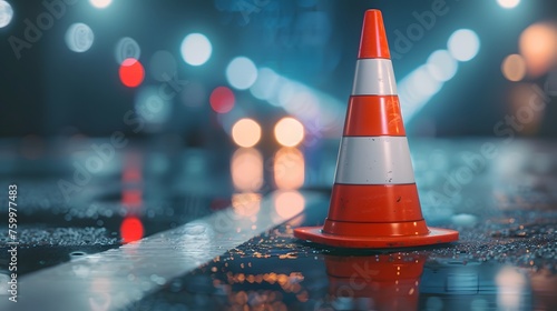 A traffic cone in the street. Close up focusing at the cone with blurry background.