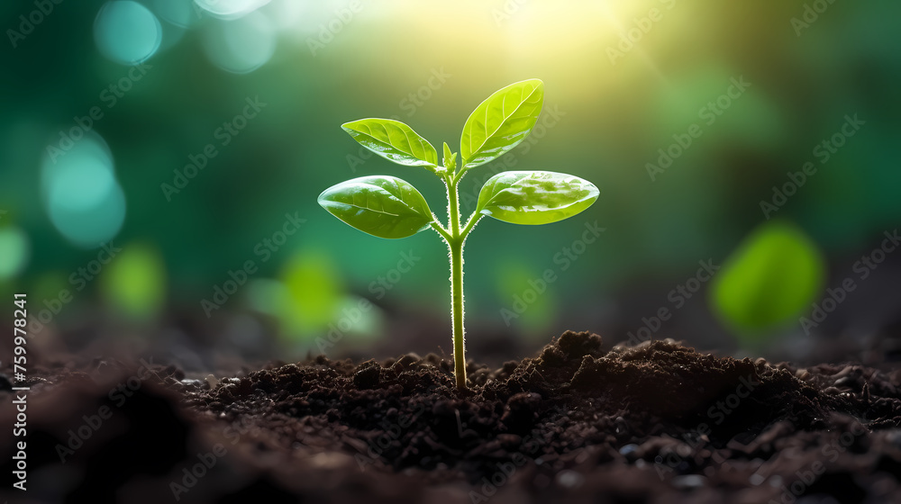 Seedlings sprouting in fertile soil at sunrise Seedlings sprouting in fertile soil at sunrise