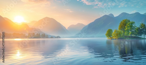 Tranquil lake reflects mountains and trees, ideal for serene text placement in peaceful setting © Philipp