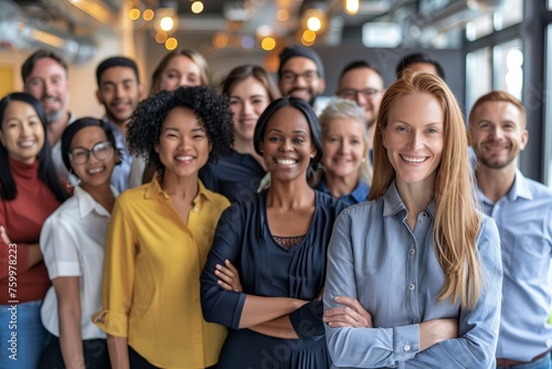 Cheerful diverse business team at a corporate work meeting in the office. Banner with a group portrait of happy multiracial young and senior people all together smiling and looking at the camera