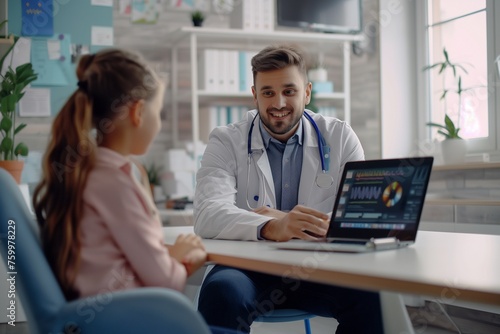 Cheerful friendly male doctor at medical office in hospital, showing examination results on laptop monitor screen and having consultation with young woman patient sitting in clinic