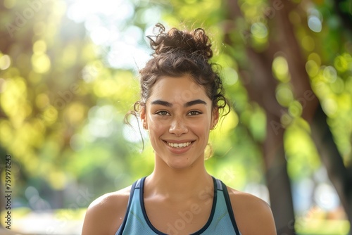 Close up portrait of a happy active sporty athlete smiling woman standing in the city park after sport fit exercises and fitness training in nature. Workout outdoors and healthy lifestyle concept