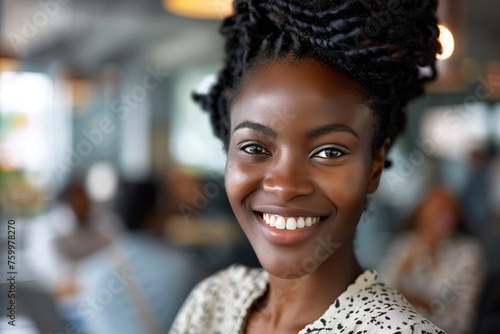 Close up portrait of a happy smiling confident african american business woman leader proudly looking at the camera with a team of company employees talking in the background in office