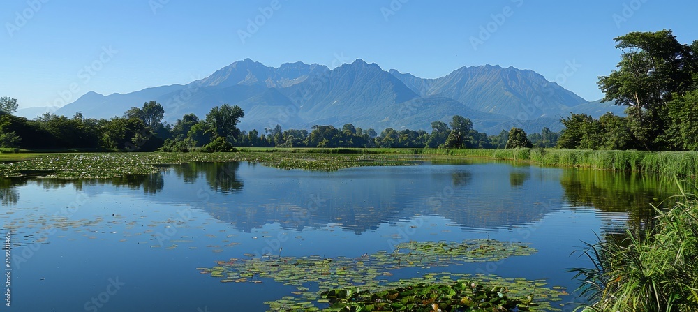 Fototapeta premium Tranquil lake reflects mountains and trees, creating serene backdrop for text placement