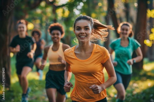 Group of happy young friends engaged in a joyful run at city park. The image perfectly captures the sport spirit and well-being as they jog together, radiating happiness during jogging