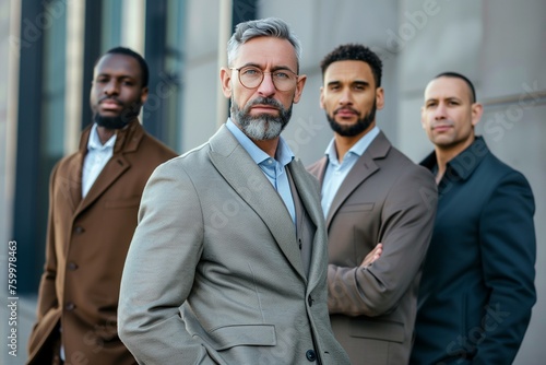 Group of three modern business men of different age and ethnicity looking seriously at camera - Business life style concept with businessmen standing outside