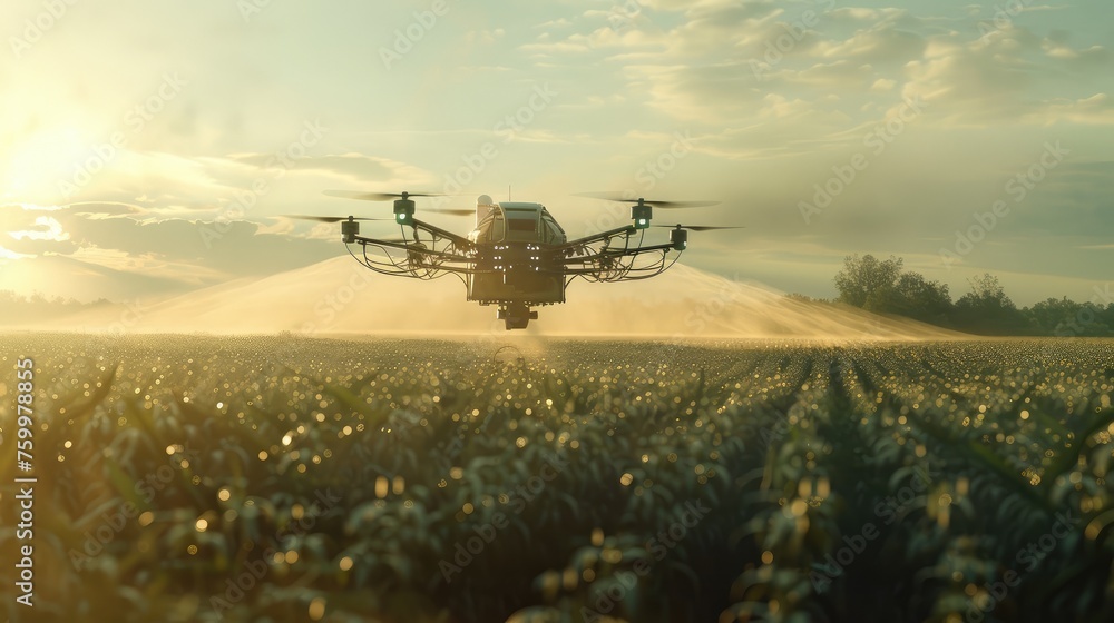 An agricultural drone flies to spray fertilizers in the fields Job An agricultural drone flies to spray fertilizers in the fields Job