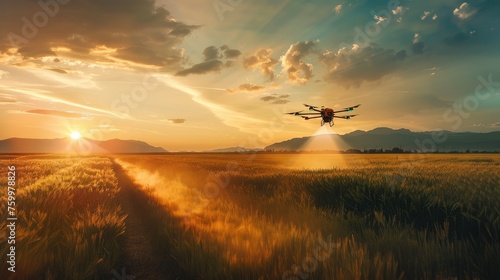  An agricultural drone flies to spray fertilizers in the fields Job at sunset