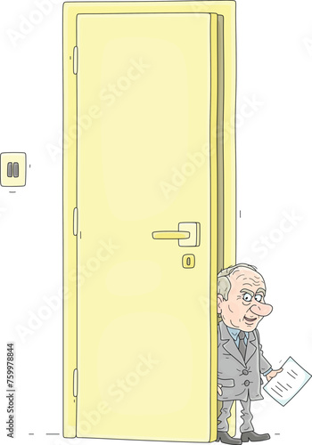 Angry and suspicious official with documents entering his office with a very high door and ceiling, vector cartoon illustration on a white background photo