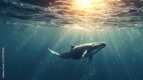 A whale swimming from the deep sea to the surface, under the underwater light rays of the sun.  photo