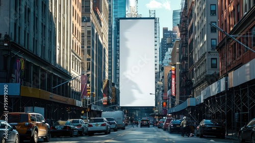 A blank vertical billboard towering above a city street, showcasing potential advertising concepts