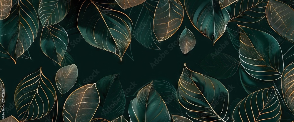 Luxury background with golden line art leaves on emerald green marble texture. AI generated illustration - obrazy, fototapety, plakaty 