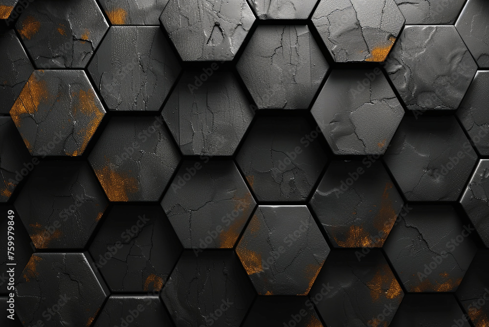 Background of a wall with hexagonal shapes that are painted in different shades of gray and orange. Scene is one of contrast and texture Background of a wall with hexagonal shapes that are painted in different shades of gray and orange. Scene is one of contrast and texture