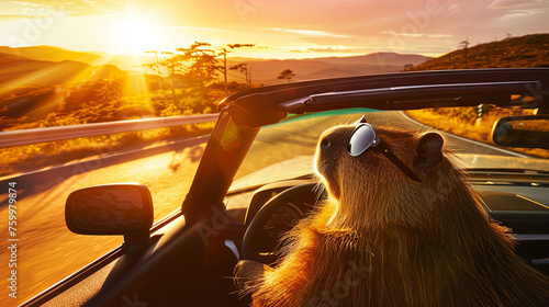 Capybara Enjoying a Sunset Car Ride