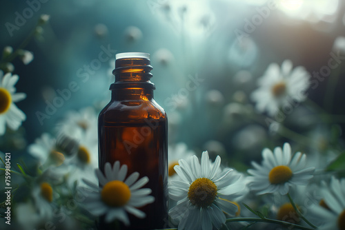 A dropper bottle of aromatherapy essential oil with fresh chamomile flowers photo