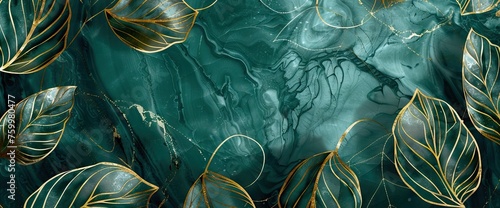Luxury background with golden line art leaves on emerald green marble texture. AI generated illustration photo