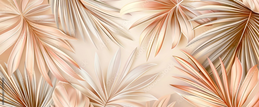 3d render, palm leaves hanging down wallpaper background with copy space in pastel tones. AI generated illustration - obrazy, fototapety, plakaty 