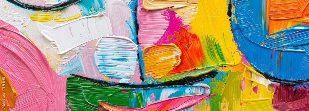 Close-up view of a vibrant painting with an abundance of thick, colorful paint strokes creating a dynamic composition.
