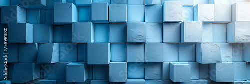 Background banner of blue and white wall made of blocks of different sizes and are arranged in a way that creates a pattern