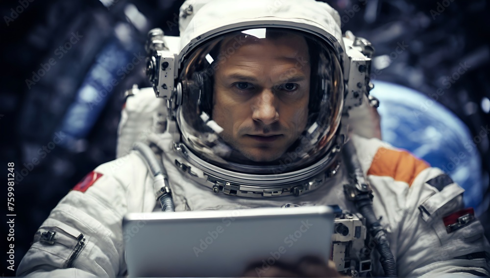 close-up photo of astronaut holding tablet in space close-up photo of astronaut holding tablet in space