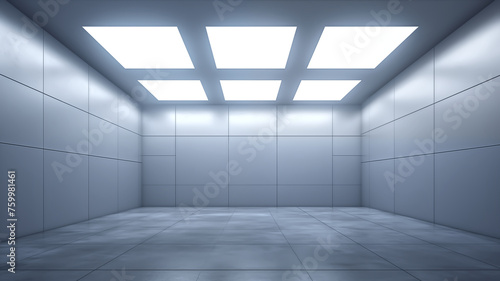 A minimalistic empty room featuring reflective tiled floors and a series of bright fluorescent lights on the ceiling. 
