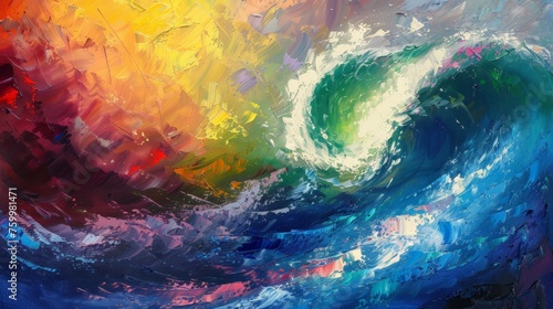 A vibrant wave crashing in the ocean, displaying an array of colors under the sunlight.
